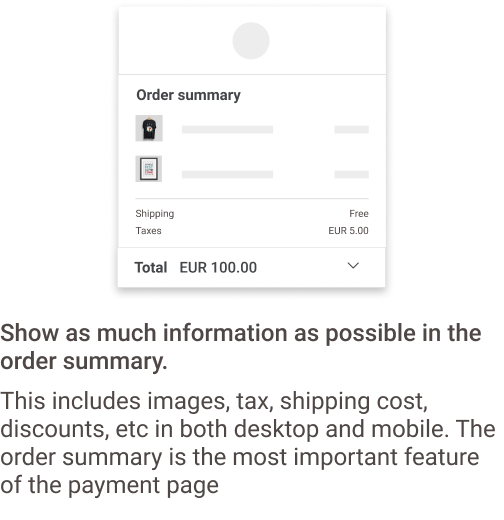 L'image ci-dessus montre un r&eacute;sum&eacute; de commande sur mobile avec les d&eacute;tails des produits, la livraison, les taxes et le montant total.
