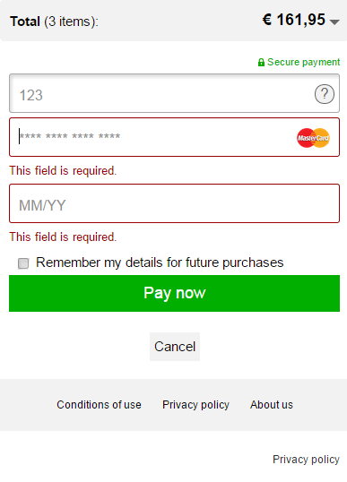 The image above shows the payment product input form screen after validation.