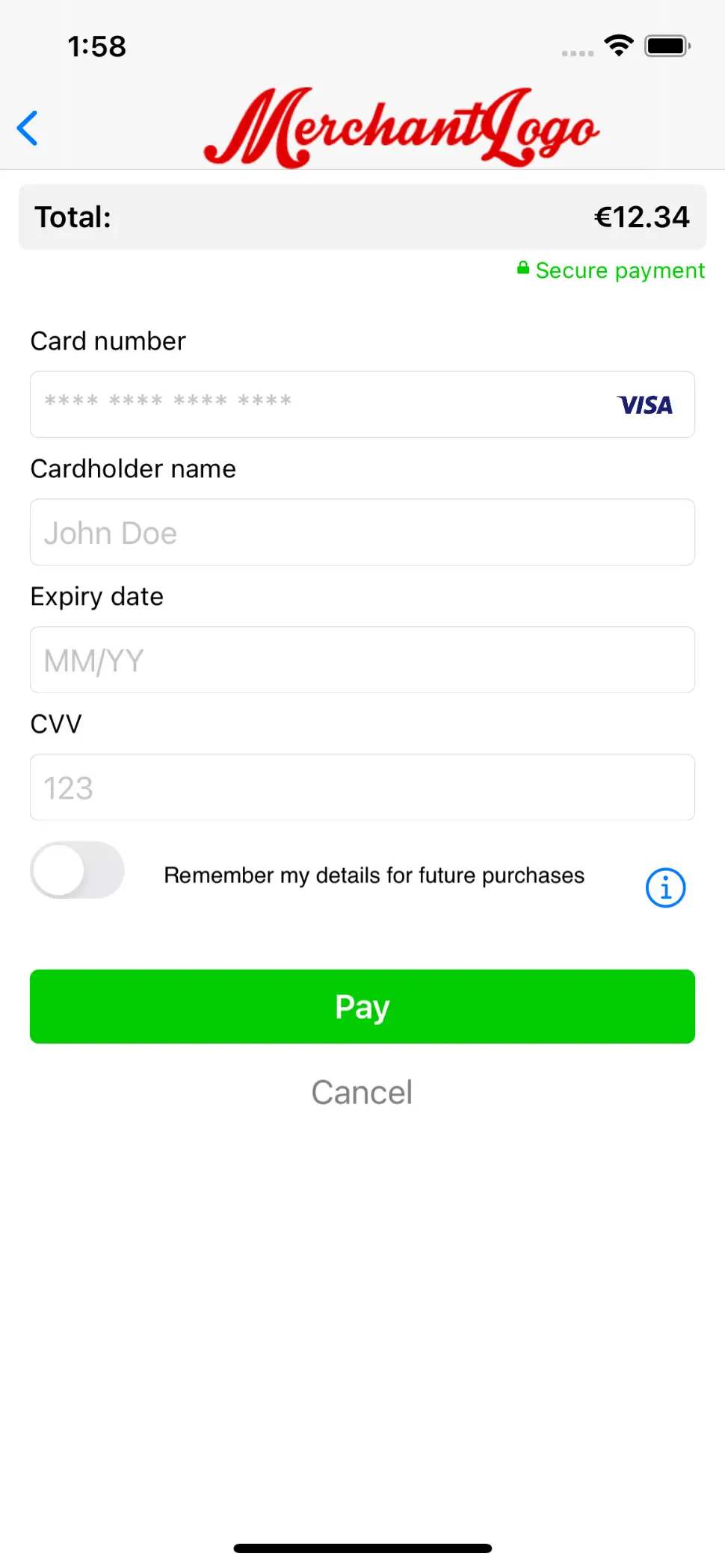 L'image ci-dessus montre l'&eacute;cran du formulaire de saisie du produit de paiement apr&egrave;s validation.