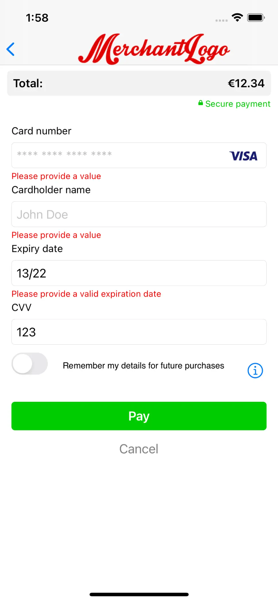L'image ci-dessus montre l'&eacute;cran du formulaire de saisie du produit de paiement apr&egrave;s validation.
