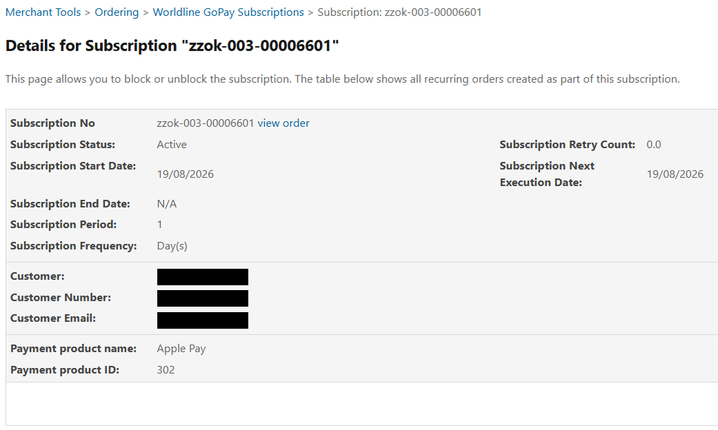 L&rsquo;image montre la page de d&eacute;tails d&rsquo;un abonnement dans le module Worldline-Direct Subscriptions, avec les boutons permettant de bloquer ou d&rsquo;annuler l&rsquo;abonnement.