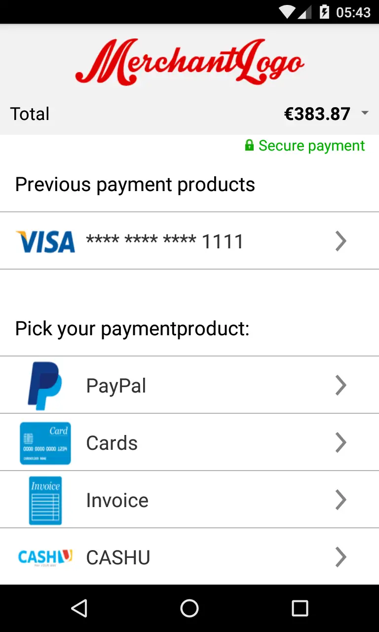 L&rsquo;image ci-dessus montre un &eacute;cran de paiement mobile avec plusieurs options de paiement, dont Visa, PayPal, Cartes, Facture et CASHU.