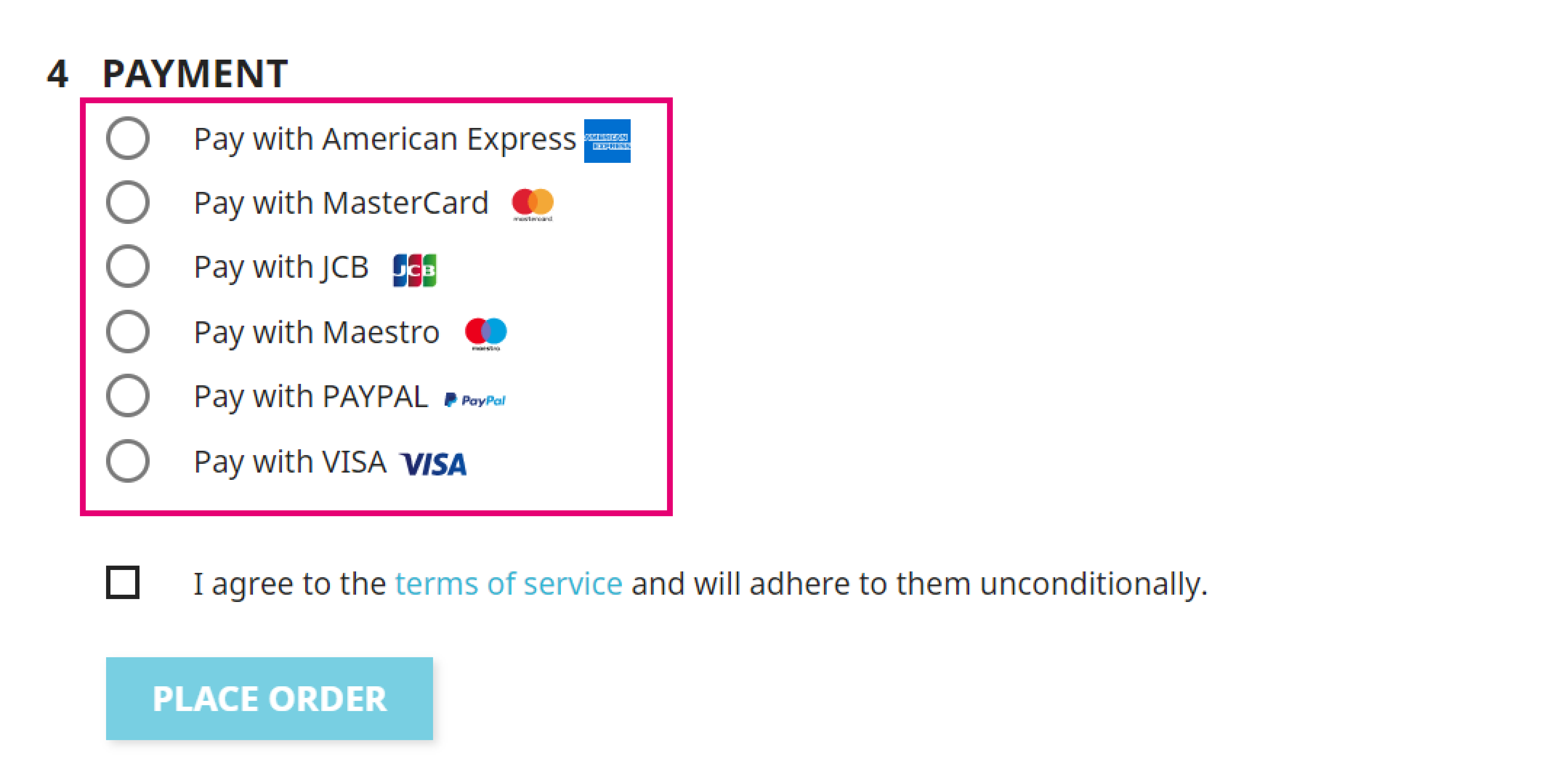 L'image ci-dessus montre la disposition de la page de paiement Prestashop si "S&eacute;lection de la m&eacute;thode de paiement avant redirection" est r&eacute;gl&eacute;e sur OUI.