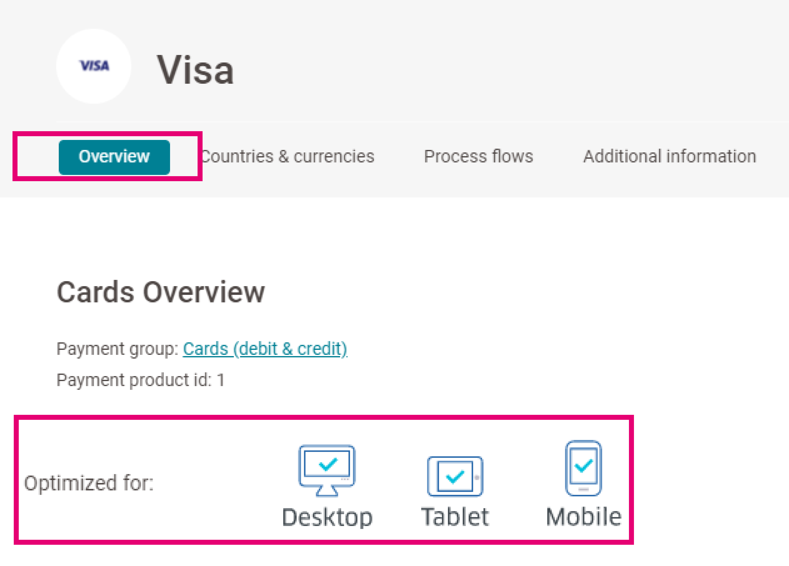 The image above shows where to find the “Optimized for” section in the “Overview” tab for any of our payment methods.