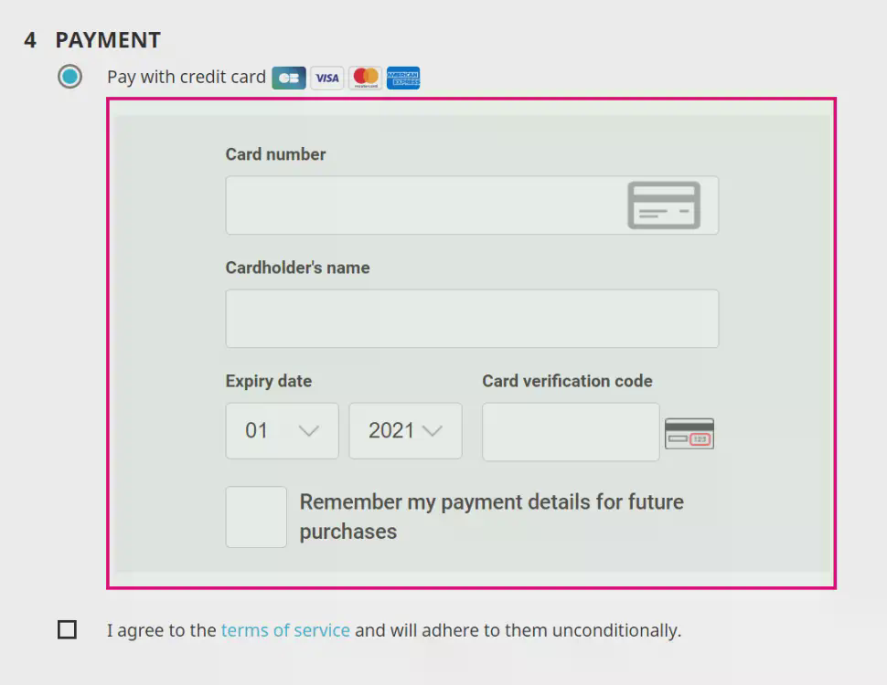 The image above shows the layout if &ldquo;Accept cards payments on iframe&rdquo; is set to YES.