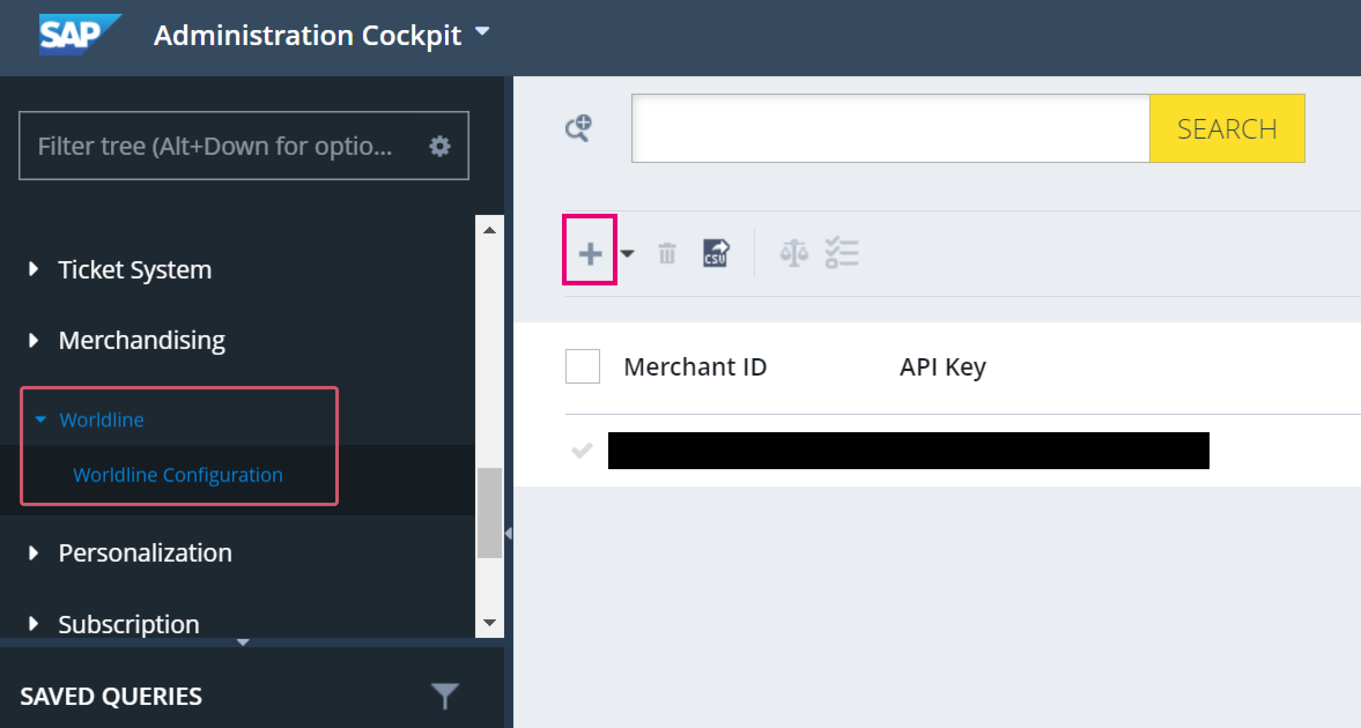 Dieses Bild zeigt, wo Sie das Element Worldline Configuration und das &bdquo;+&ldquo; - Symbol auf der Taskleiste finden.