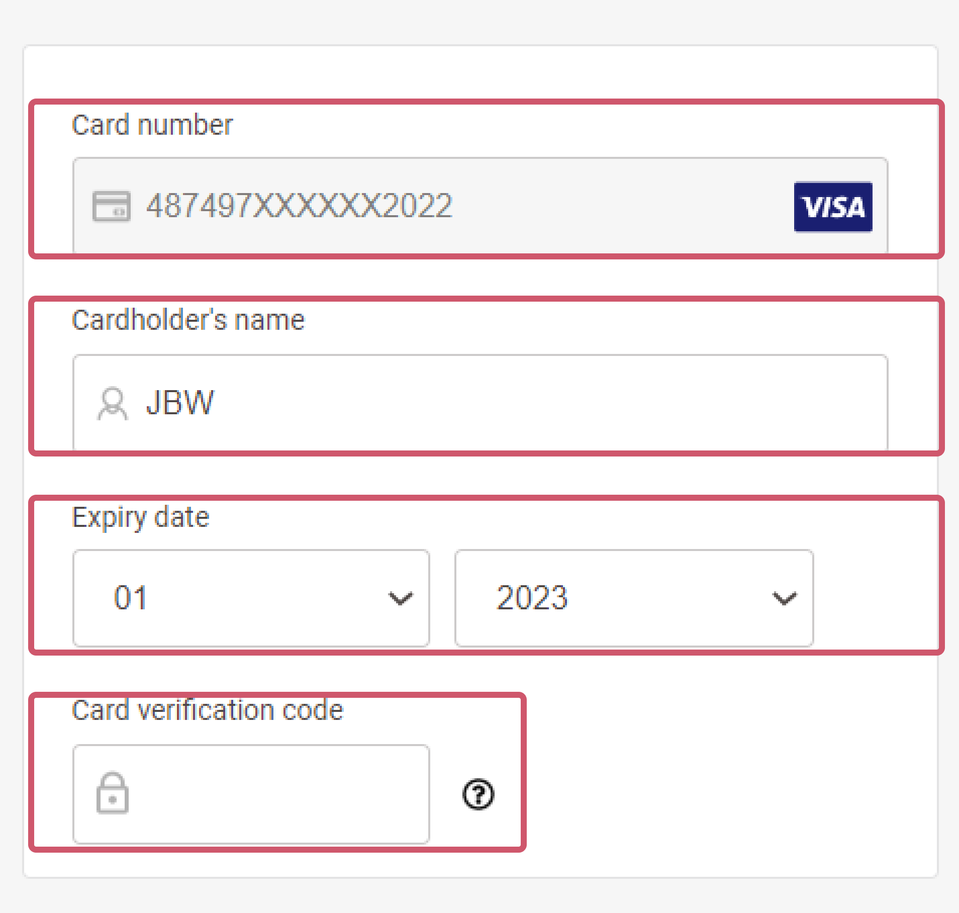 The image above shows the prefilled, editable fields on the Hosted Checkout Page when using an existing token. Only field “Card verification code” is empty, as the card holder needs to provide it.