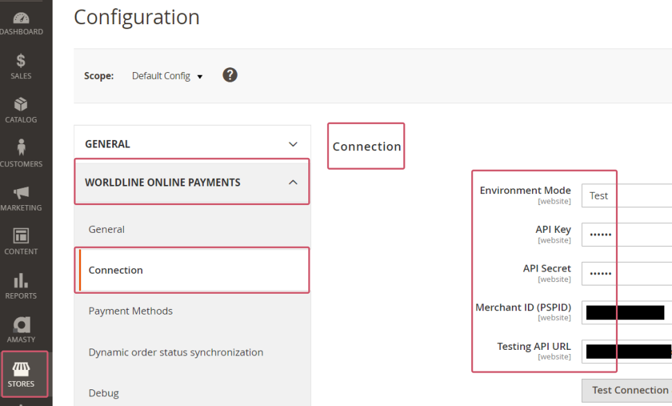 The image shows where to find the "Connection" module in the Magento Back Office