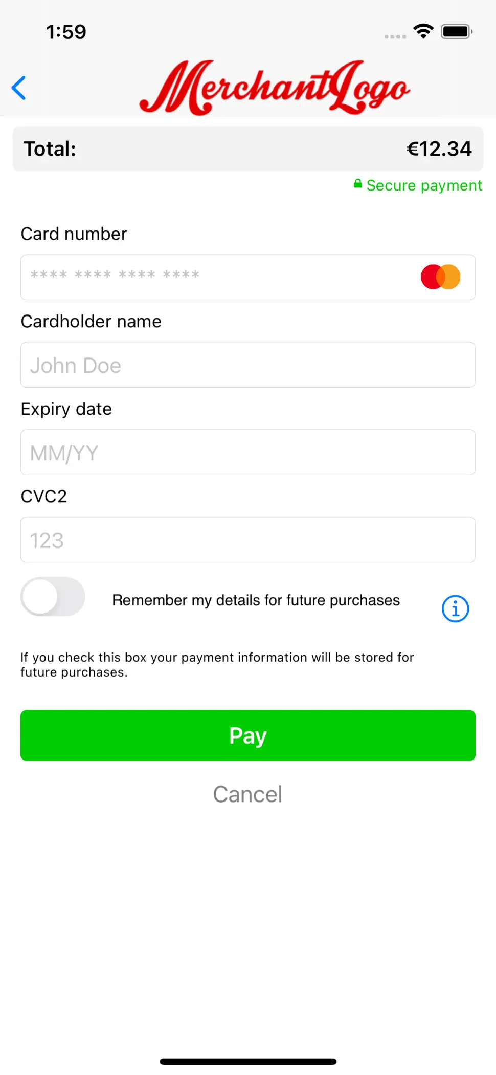 L'image ci-dessus montre l'&eacute;cran d'activit&eacute; de saisie des produits de paiement apr&egrave;s avoir appuy&eacute; sur le bouton d'information.