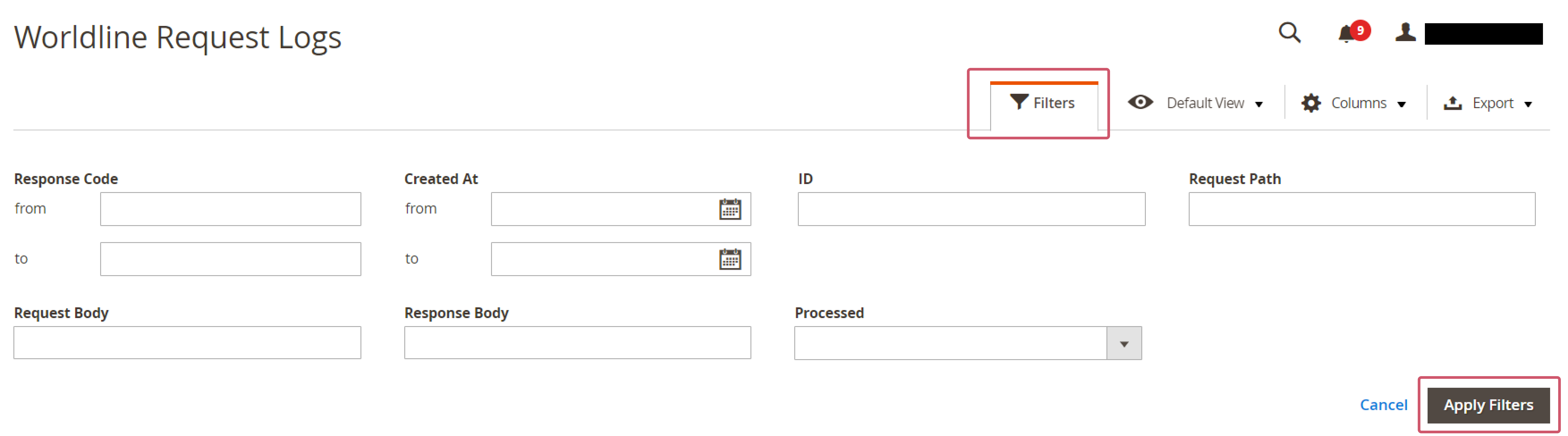 Die Abbildung zeigt die Filterfunktion des Moduls &bdquo;Debug&ldquo; im Magento-Back Office