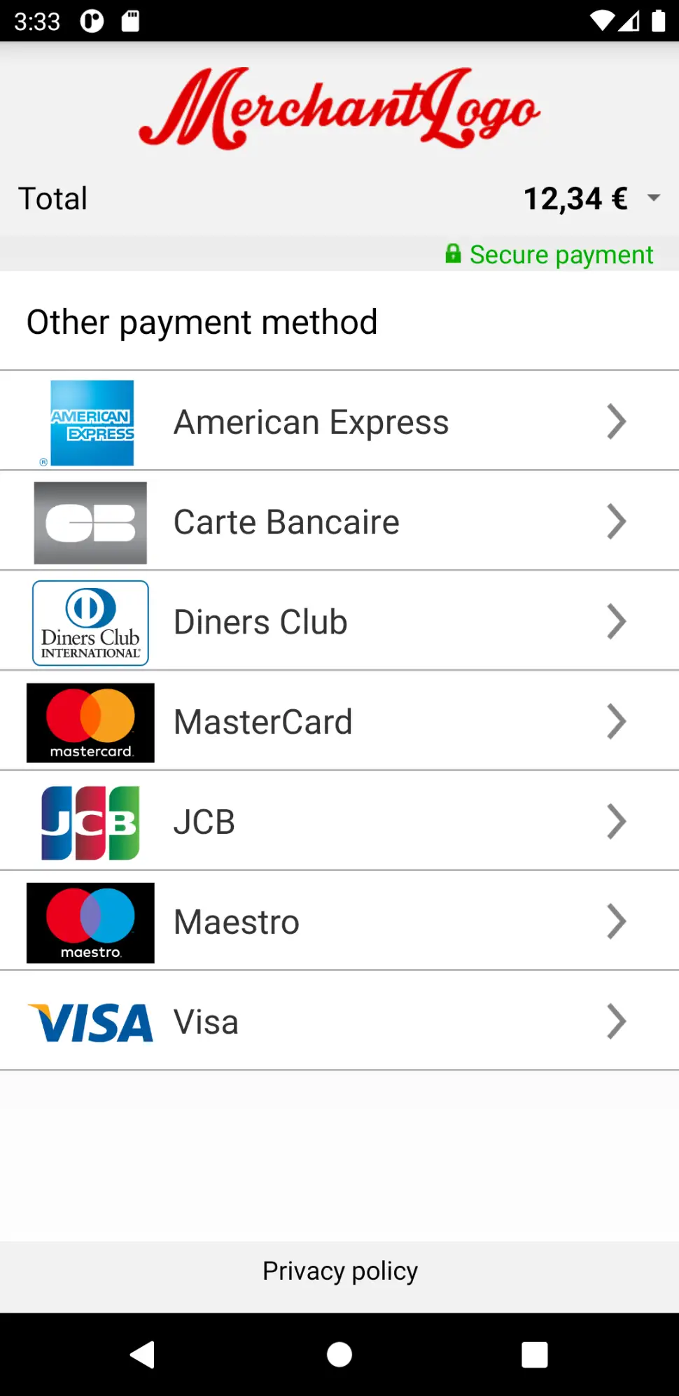 The image above shows the payment product selection screen.