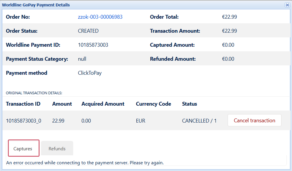 L&rsquo;image ci-dessus montre l&rsquo;onglet &laquo; Capture &raquo; dans la section Worldline-GoPay Payment Details, o&ugrave; les utilisateurs peuvent saisir manuellement un montant autoris&eacute; et cliquer sur &laquo; Capture &raquo; pour finaliser la transaction..