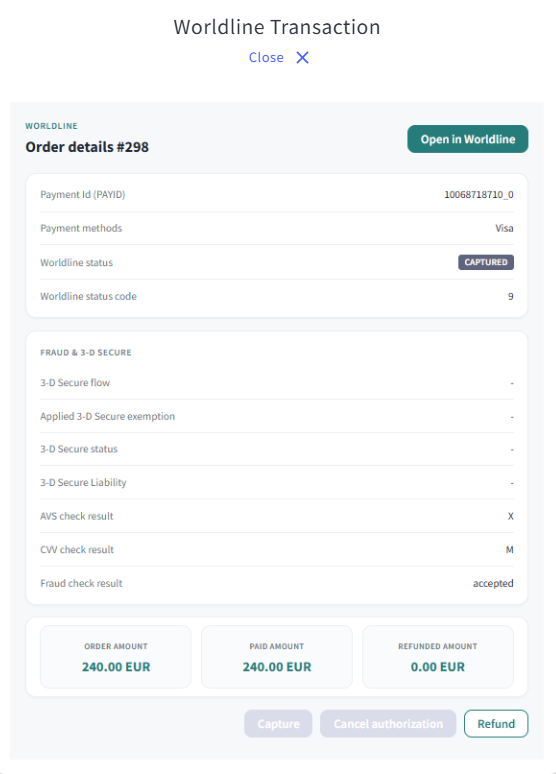L'image ci-dessus montre des informations de paiement d&eacute;taill&eacute;es pour une transaction Visa, y compris le statut de la commande, le montant et le r&eacute;sultat 3DS.