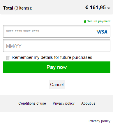 The image above shows the payment product input form screen after validation.