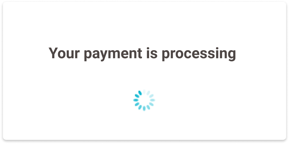 The image above shows a loading screen with the message "Your payment is processing" and a spinner icon.