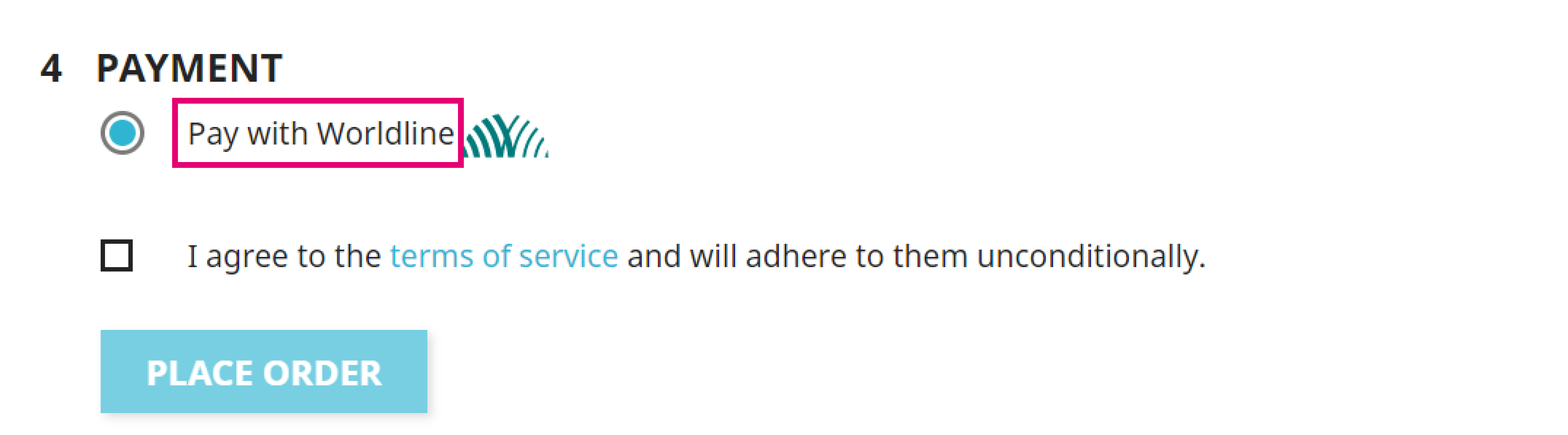 The image above shows a checkout screen with "Pay with Worldline" selected as the payment method.