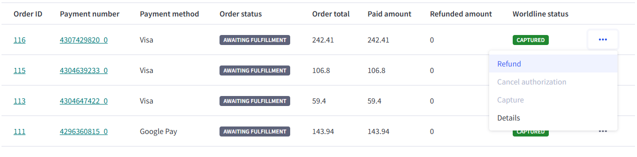 The image above shows a BigCommerce order overview with a dropdown menu for performing refund and capture actions.