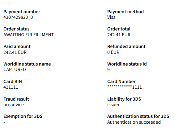 The image above shows detailed payment information for a Visa transaction, including order status, amount, and 3DS result.