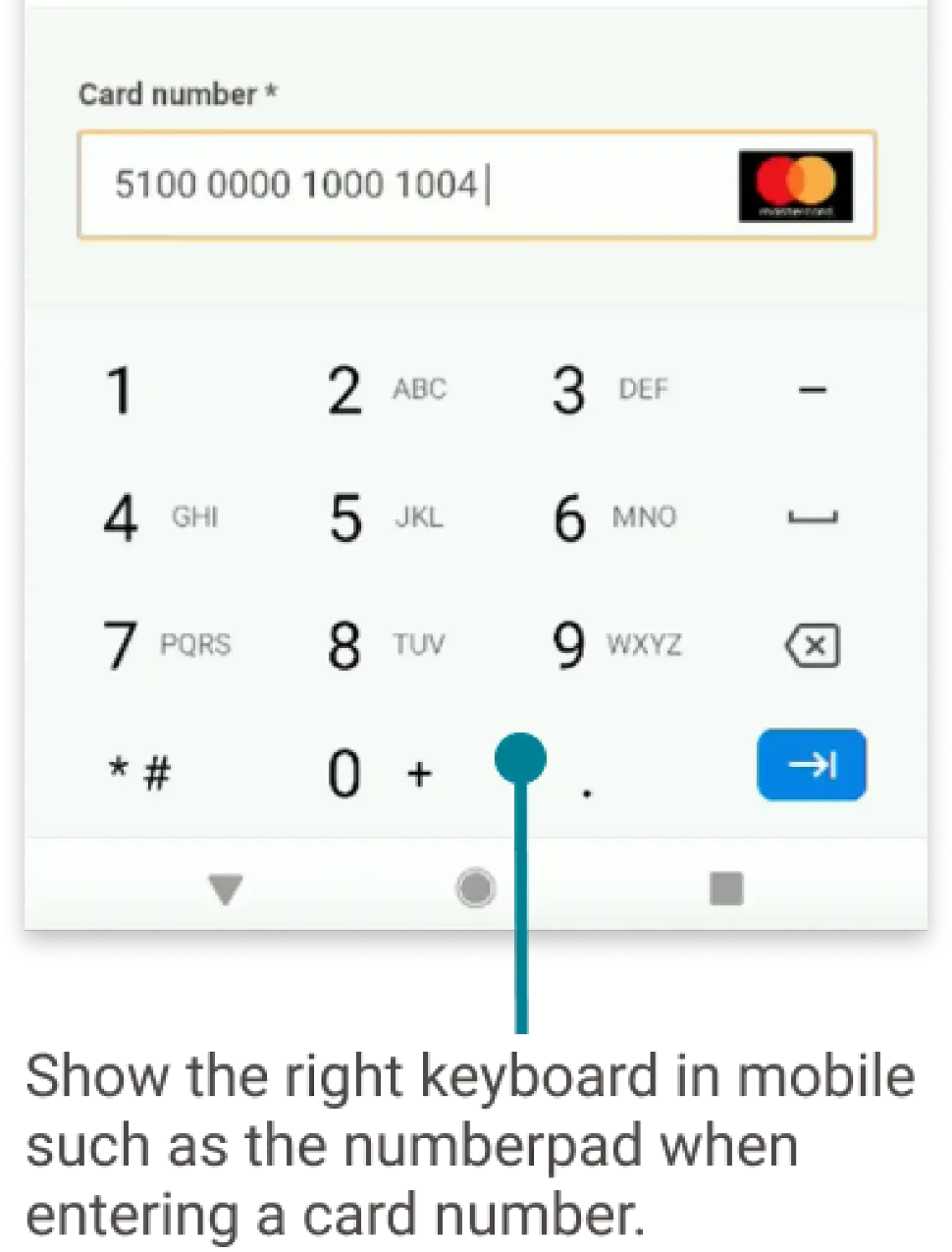 The image above shows a mobile screen with a number pad for entering a card number during checkout.